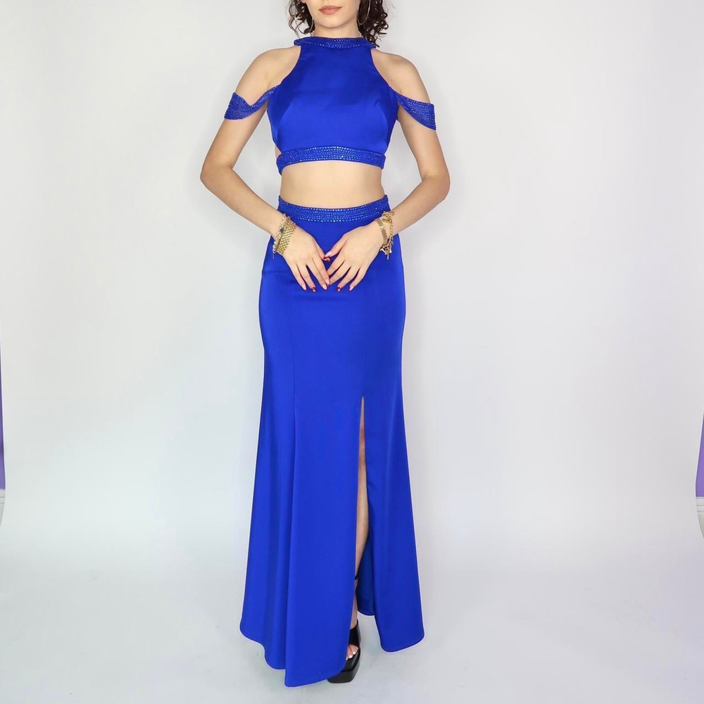 Royal blue prom dress two piece gem mesh back